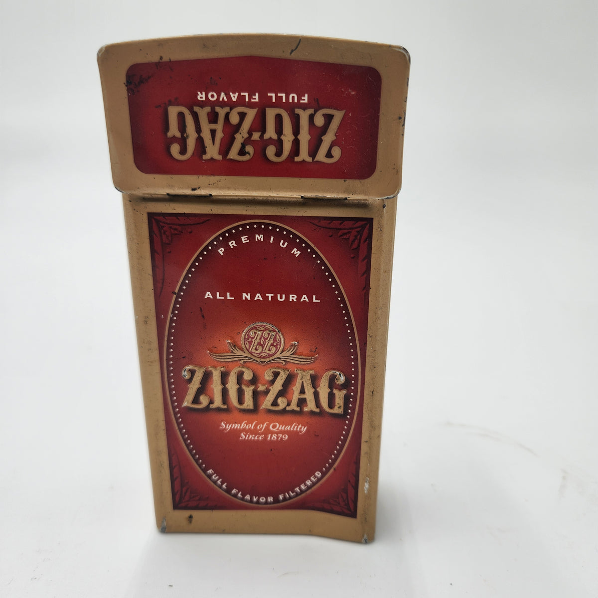Vintage Zig-Zag Metal Tin Box Cigar Prototype All Natural Full Flavor packaging with premium branding and vintage design.