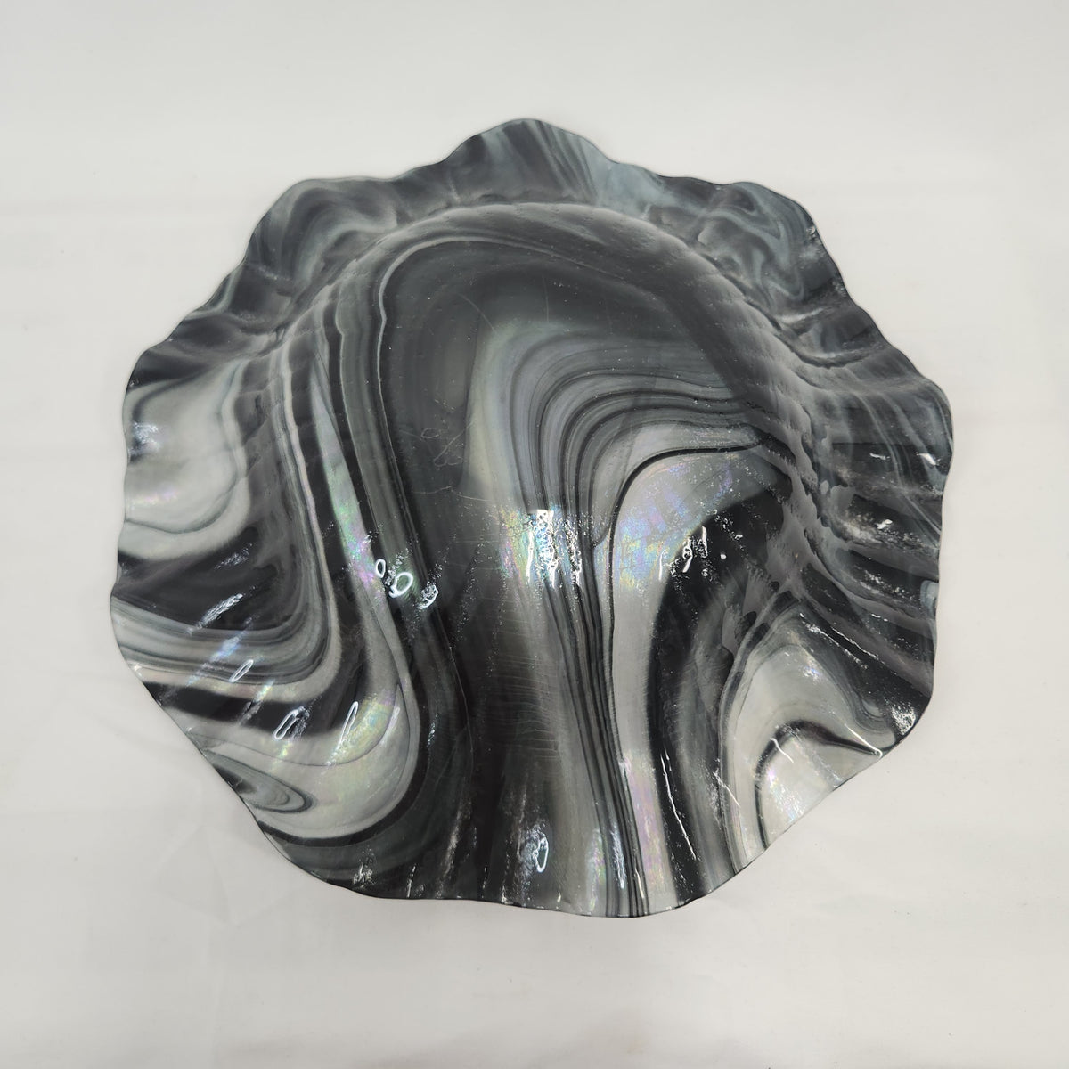 John Scott Signed Iridescent Art Glass Bowl 2010 | Hand-Blown Ruffled Free-Form ~14"