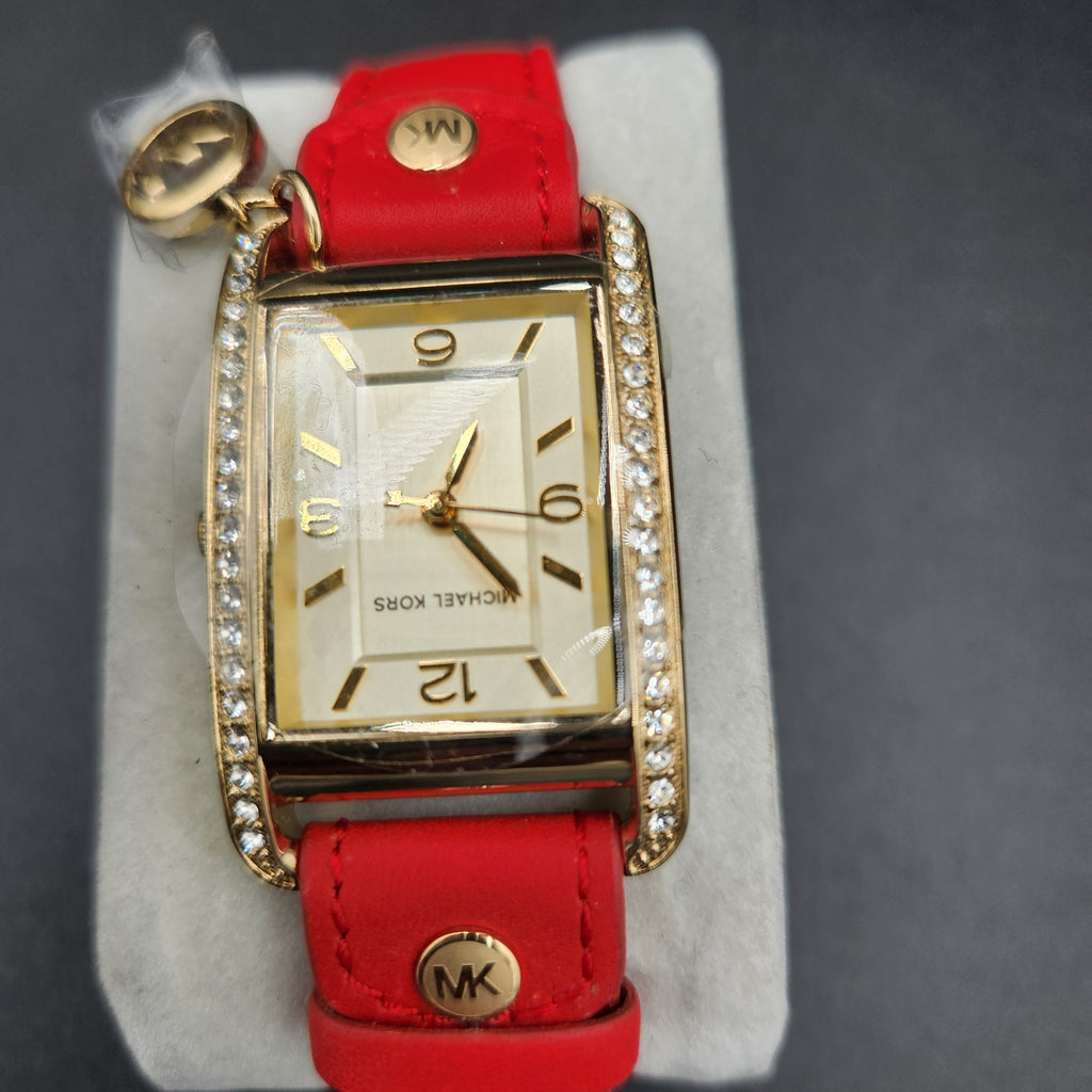 New Michael Kors MK2380 Gold Rectangular Watch Red Leather Band Charm Studs NWT