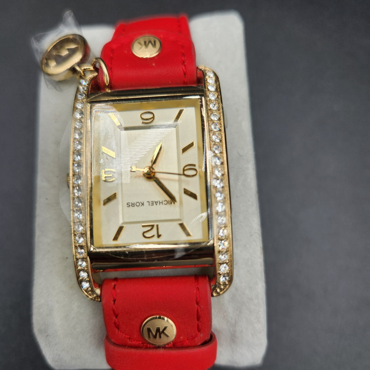 New Michael Kors MK2380 Gold Rectangular Watch Red Leather Band Charm Studs NWT