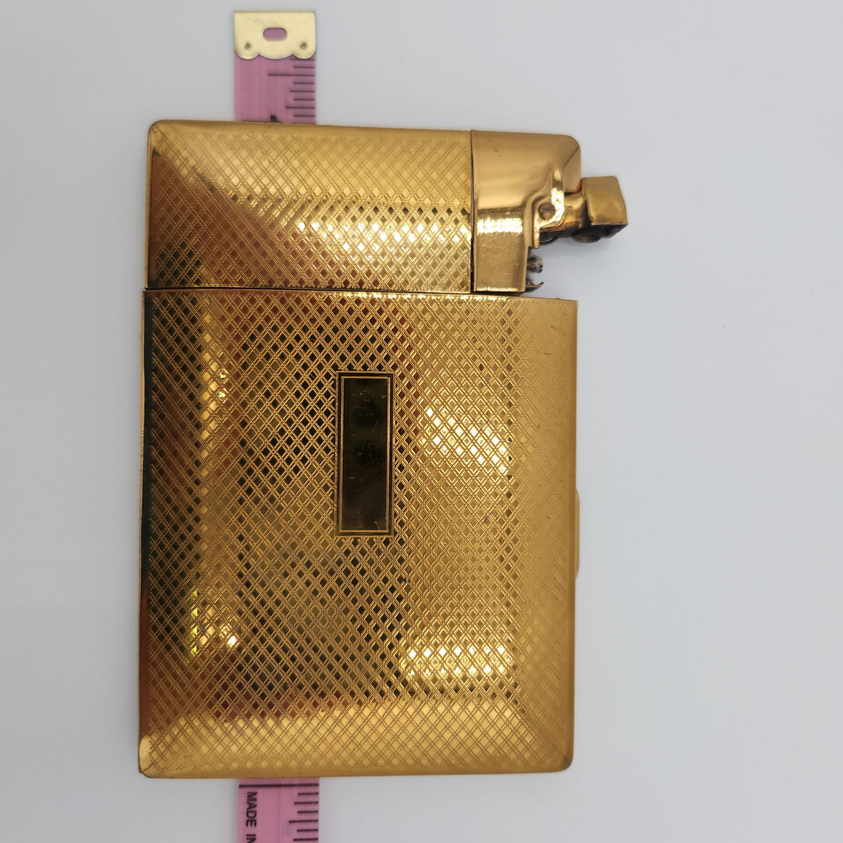Vintage 1940s Elgin American Magic Action Lite-O-Matic Cigarette Case Lighter Combo - Gold Tone Crosshatch, Unmonogrammed, with Original Box