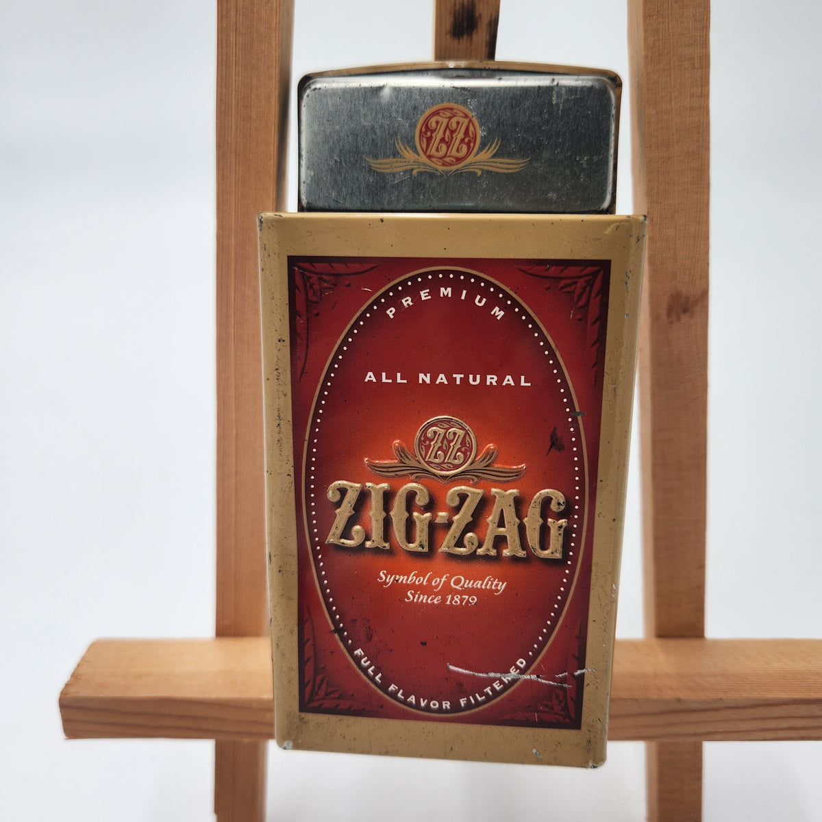 Vintage Zig-Zag Metal Tin Box Cigar Prototype All Natural Full Flavor close-up of premium tin box featuring classic design.