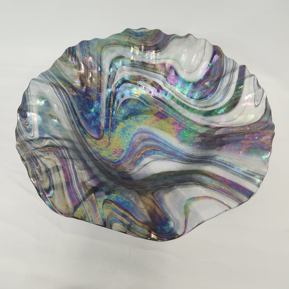 John Scott Signed Iridescent Art Glass Bowl 2010 | Hand-Blown Ruffled Free-Form ~14"