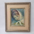 Vintage Mid-Century Modern Portrait Oil Canvas Painting – Woman in Headscarf, Signed Mara c. 1960s/1970s.