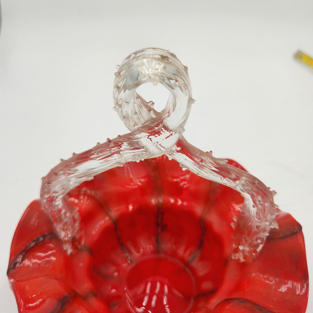 Vintage Czech Red Spatter Art Glass Basket Clear Thorn Handle Ruffled Edge 8.5"