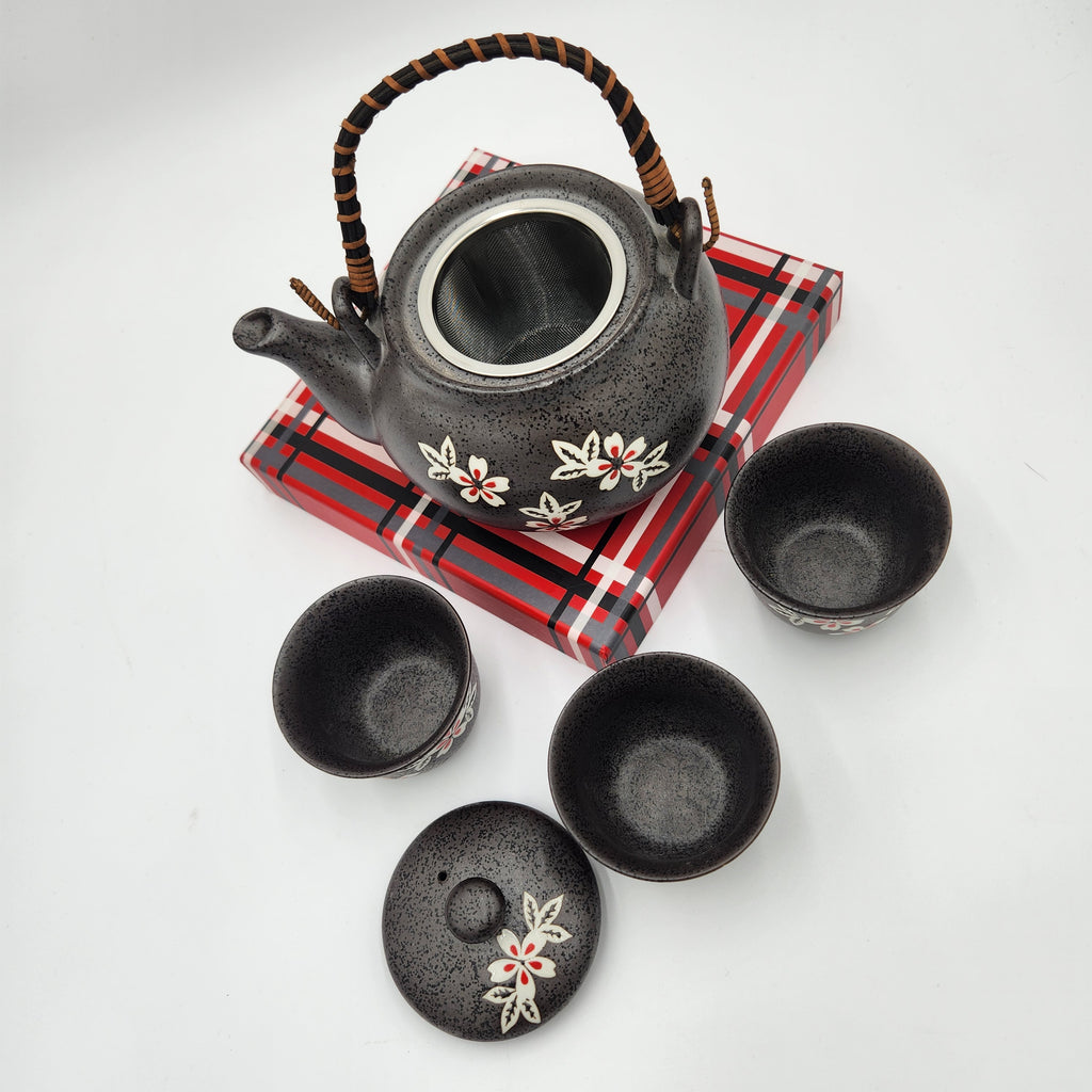 Japanese Black Sakura Ceramic Tea Set – Teapot, 2 Cups, Mesh Infuser + Bonus Replacement Cup!