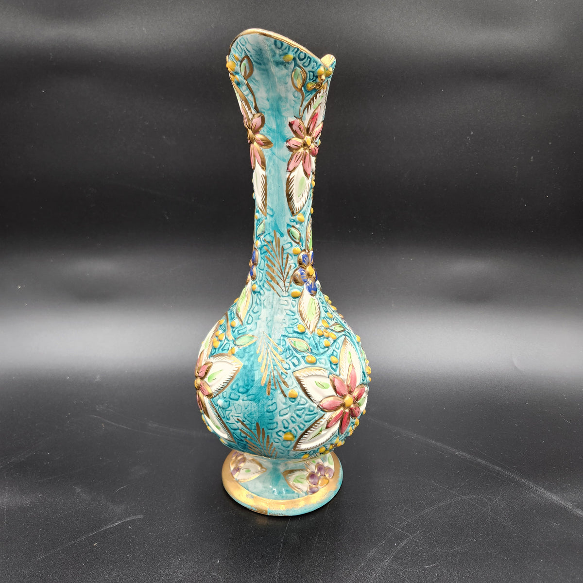 Vintage H Bequet Quaregnon Belgium Majolica Ewer Pitcher Vase #212 Turquoise 13"
