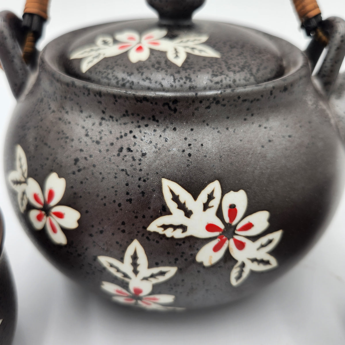 Japanese Black Sakura Ceramic Tea Set – Teapot, 2 Cups, Mesh Infuser + Bonus Replacement Cup!