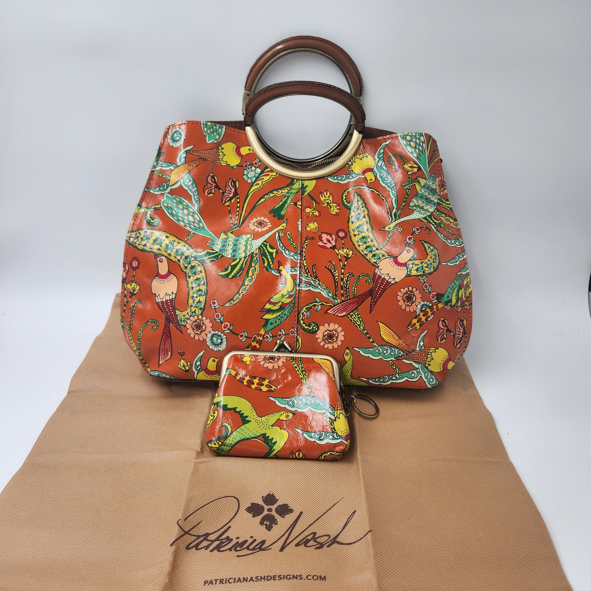 Patricia Nash Birds of Paradise Leather Satchel Bag & Coin Purse Set Dustbag