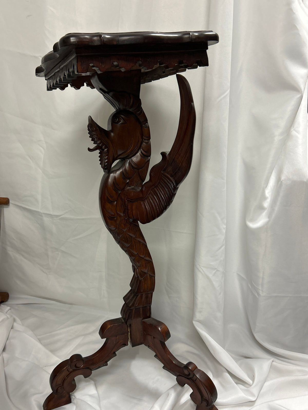 Carved Dragon Pedestal Table with intricate dragon design and scrolled tripod base, ideal for Victorian decor.