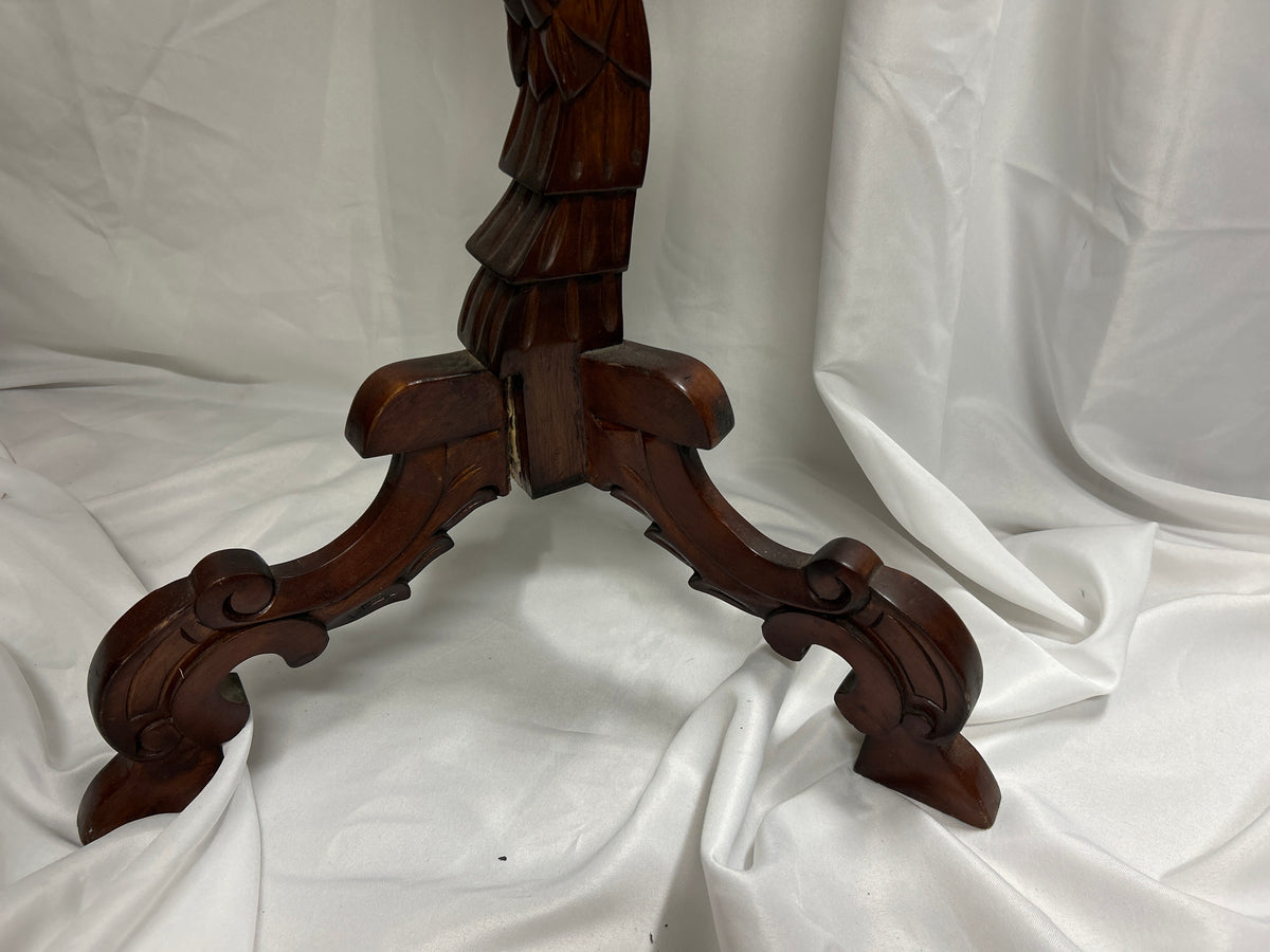 Carved Dragon Pedestal Table detailed sculptural tripod base with minor repair needed on one leg.