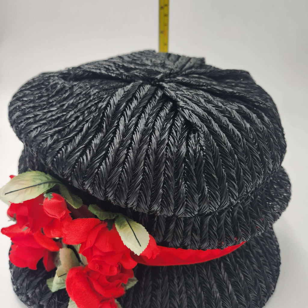 Pristine Never Worn Vintage 1960s "A Mr. Frank Original" Black Woven Bubble Hat with Red Velvet Roses - Deadstock Medium.
