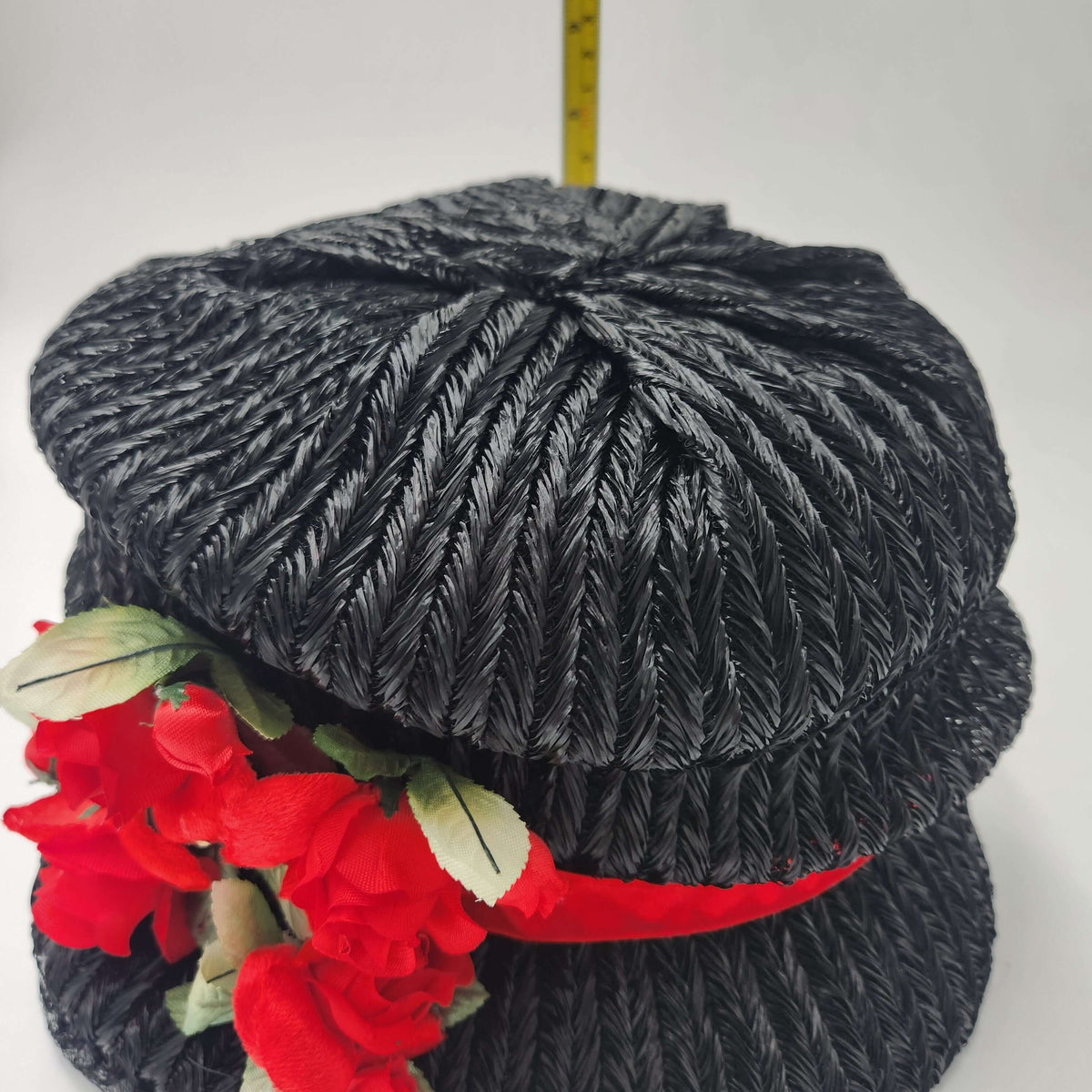 Pristine Never Worn Vintage 1960s "A Mr. Frank Original" Black Woven Bubble Hat with Red Velvet Roses - Deadstock Medium.