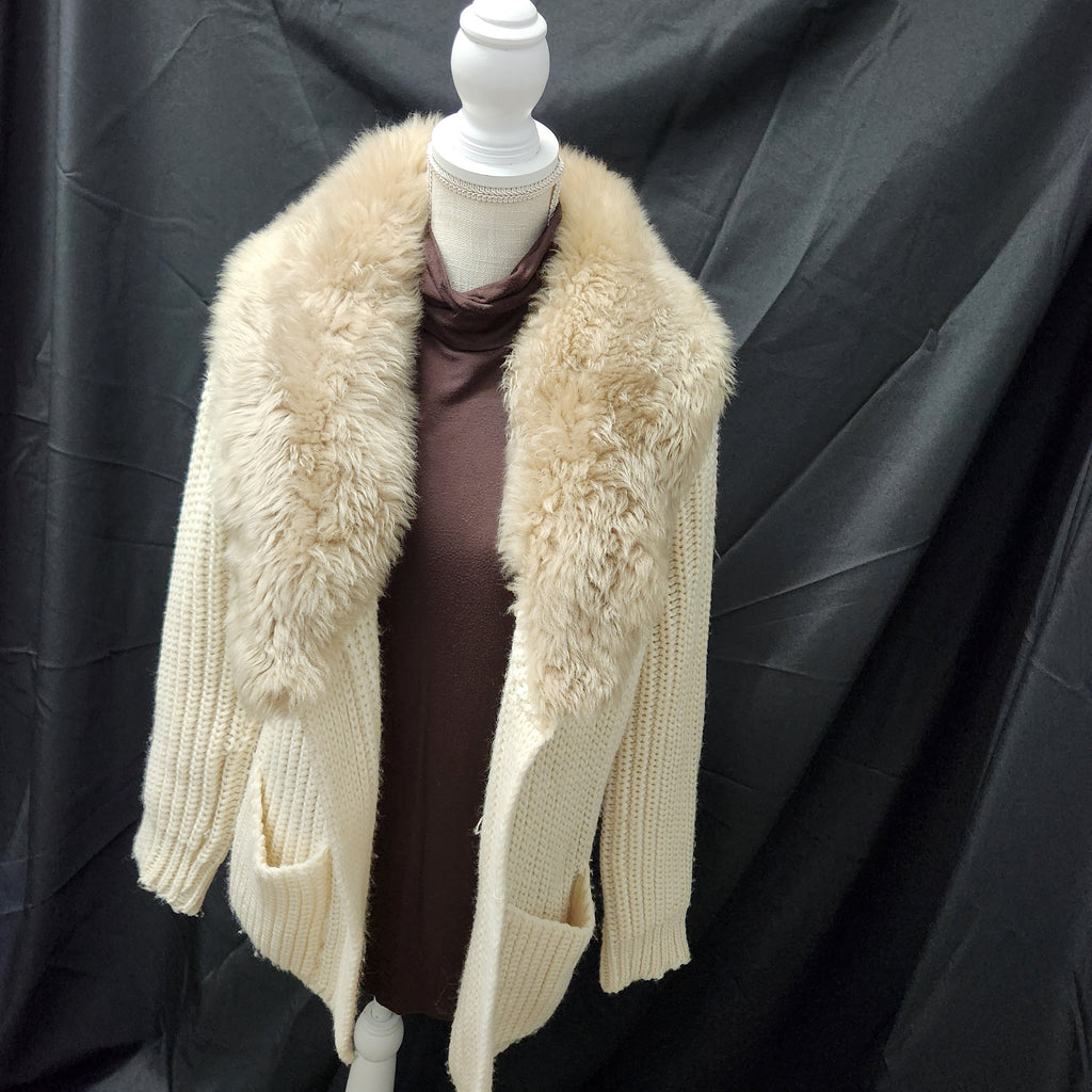 VTG 70s Knitina Faux Fur Collar Cream Cardigan Sweater Chunky Knit Orion