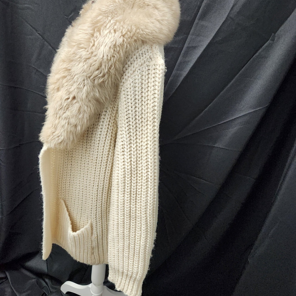 VTG 70s Knitina Faux Fur Collar Cream Cardigan Sweater Chunky Knit Orion