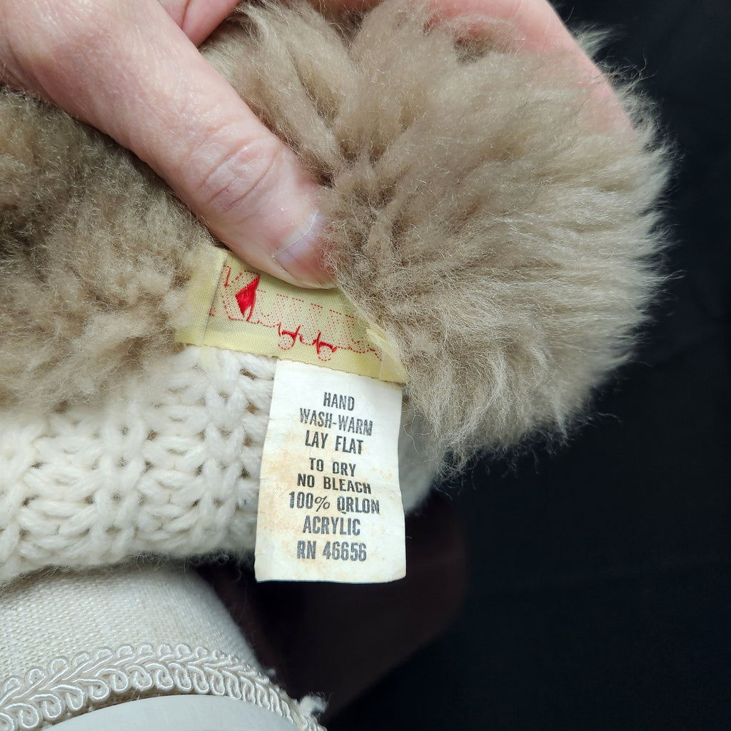 VTG 70s Knitina Faux Fur Collar Cream Cardigan Sweater Chunky Knit Orion