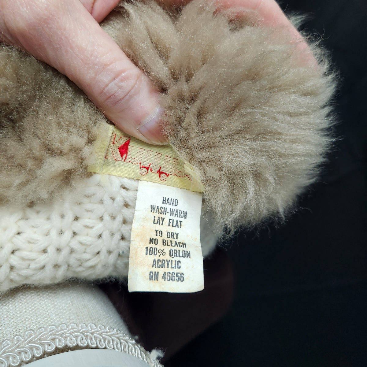VTG 70s Knitina Faux Fur Collar Cream Cardigan Sweater Chunky Knit Orion
