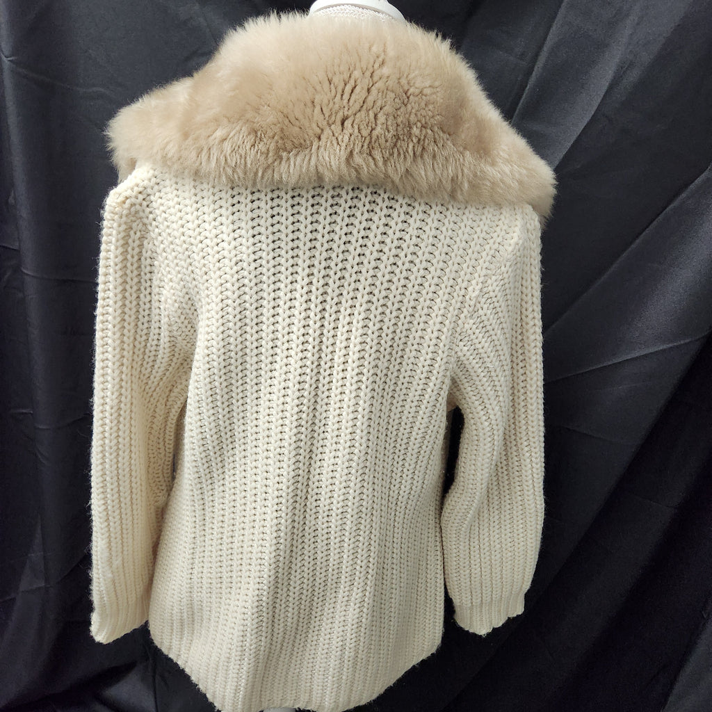 VTG 70s Knitina Faux Fur Collar Cream Cardigan Sweater Chunky Knit Orion