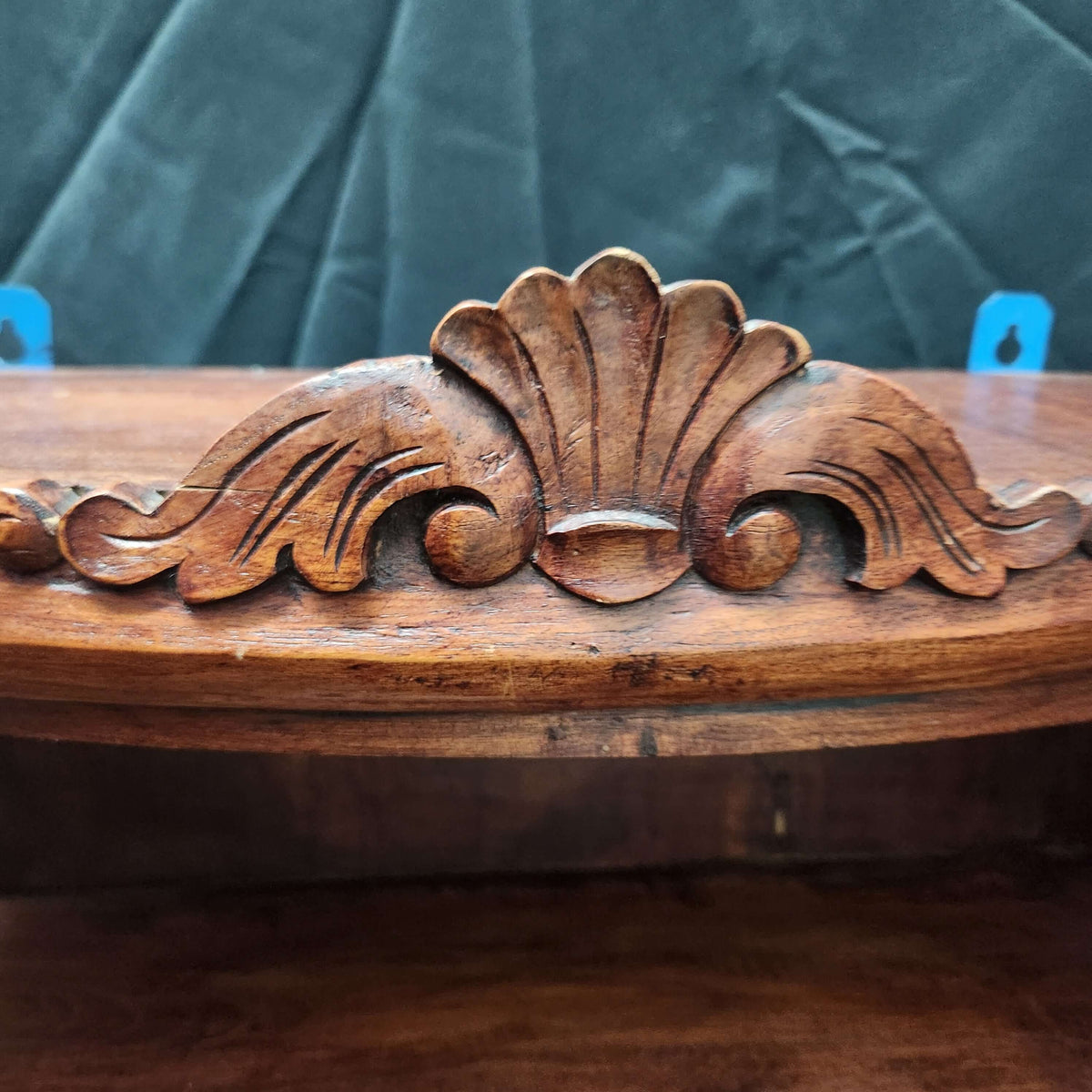 close-up of vintage carved wood detail on the Vintage Carved Wood Corner Display Cabinet - Wall Mount Glass Door Hanging Hutch - Solid Teak / Sheesham Colonial Revival Spice Rack