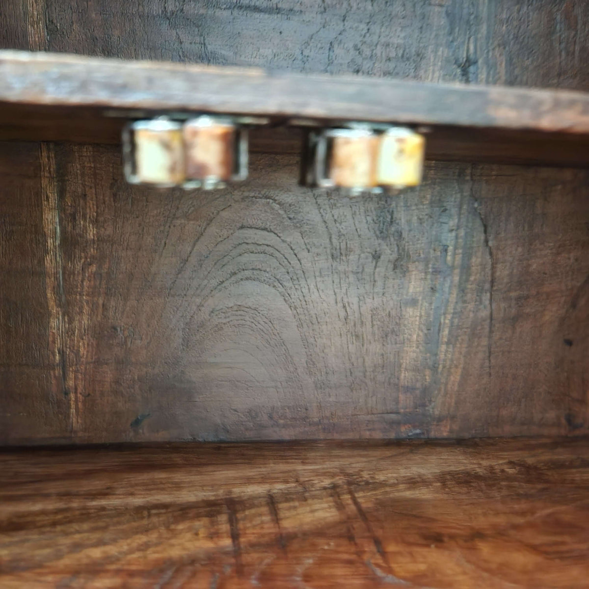 Close-up of interior hardware in Vintage Carved Wood Corner Display Cabinet - Wall Mount Glass Door Hanging Hutch - Solid Teak / Sheesham Colonial Revival Spice Rack.